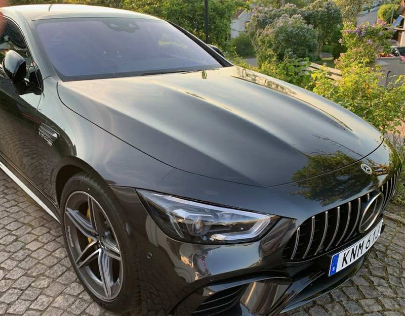 Mörkgrå Mercedes-Benz AMG GT 63 4-dörrars Coupé 4MATIC+ stulen i Onsala söder om Kungsbacka